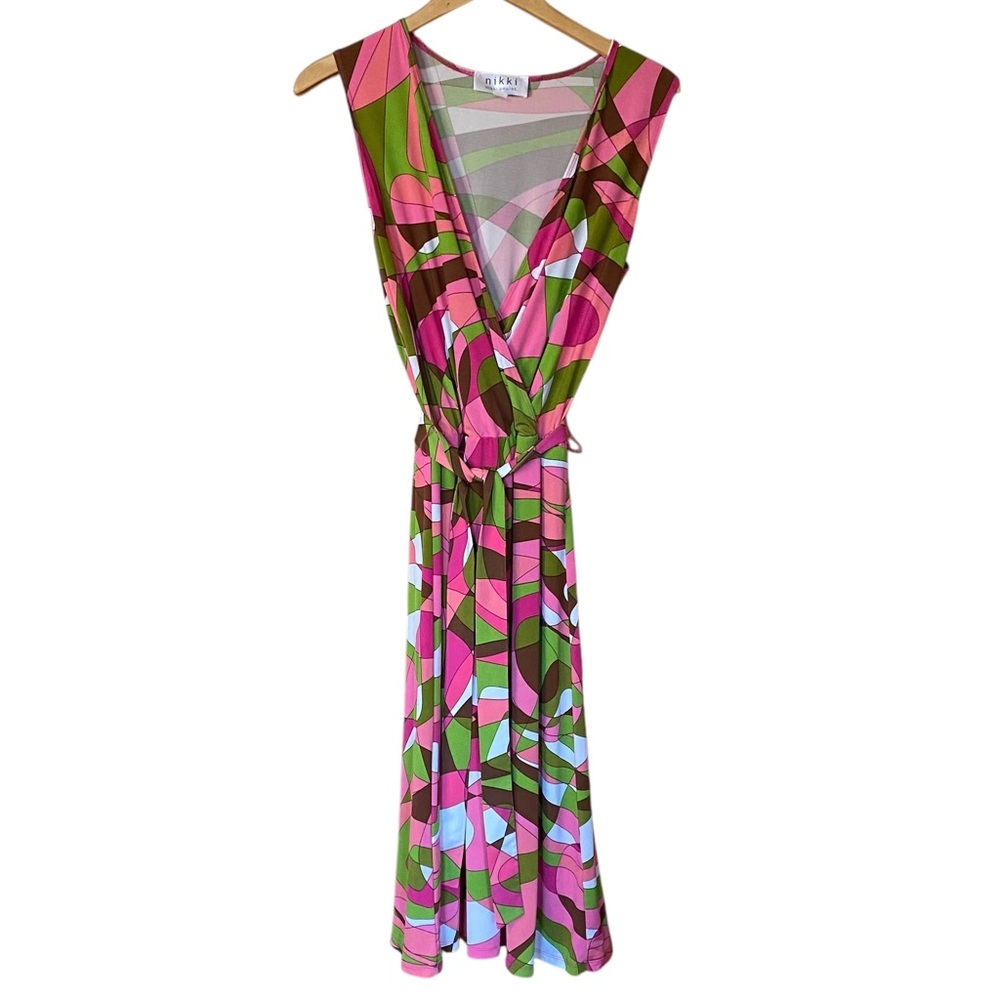 Nikki Poulos Faux Wrap Sleeveless Stretchy Groovy 70s V-neck Dress | M